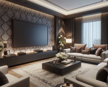 SALA DE TV GRANDE MODERNA COM PAPEL DE PAREDE COM TONS MAIS ESCUROS
