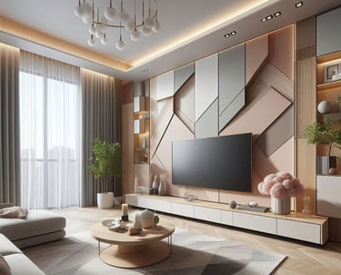 SALA DE TV MODERNA COM PAPEL DE PAREDE COMBINANDO COM AS CORES DA SALA TONS CLAROS
