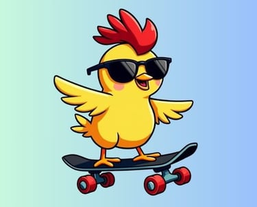 Cartoon chicken wearing sunglasses riding a skateboard, fun bold sticker design for POD.