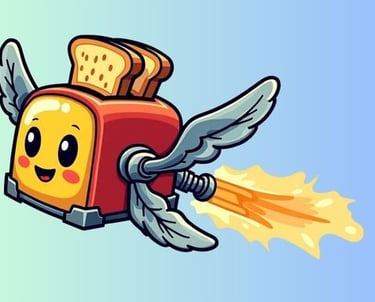 Funny cartoon flying toaster with mechanical wings and toast trail, playful POD design.