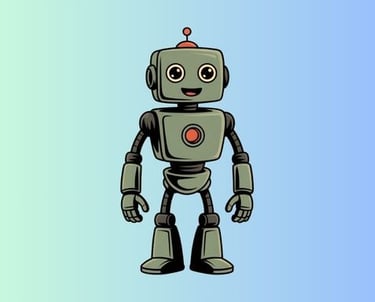 Friendly blocky cartoon robot with bold outlines and simple colors, clean vector sticker design .