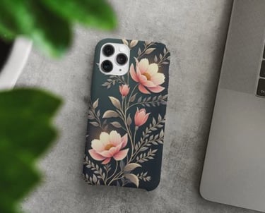 Wyrlight iPhone case mockup with luminous botanical filigree on dark background, POD design.