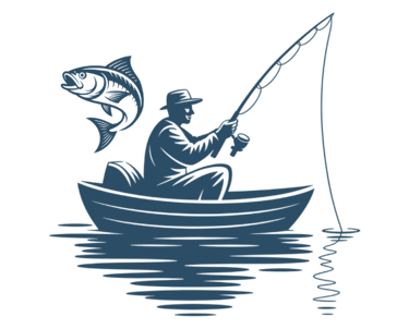 Minimalist fisherman in a small boat with smiling fish, Nordic vector illustration by Wyrlight.