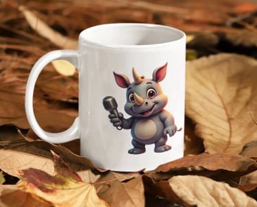 Wyrlight mug mockup with rhino holding a microphone, fun character design for POD.