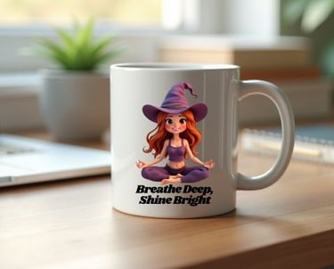 Wyrlight mug mockup with witchy lady doing yoga, fun magical design for print on demand.