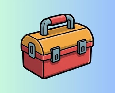 Playful toolbox with chunky geometric shapes and bold outline, clean vector design by Wyrlight.