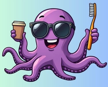 Cartoon purple octopus with sunglasses holding coffee cup and toothbrush, funny POD design.
