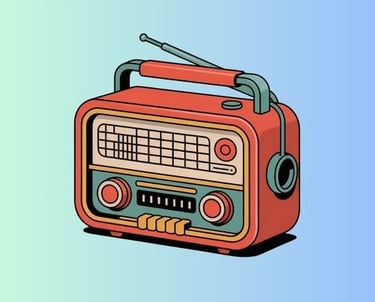 Retro radio with bold outline and simple flat colors, clean vector sticker design for POD.
