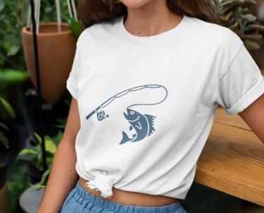 Girl wearing white T-shirt with minimalist spinning fish vector design by Wyrlight.