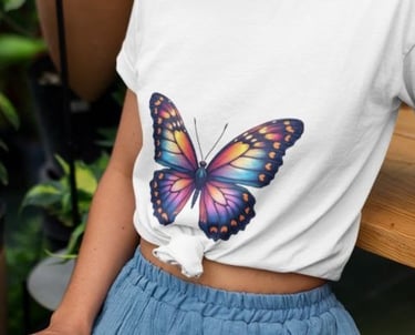 Wyrlight T-shirt mockup with butterfly print worn by girl, playful fantasy POD design.