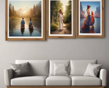 Four framed abstract artworks are displayed on a gallery wall, each with a distinct color theme: red, green, blue, and yellow. The art features intricate, textured patterns and shapes resembling letters or symbols. A person walks in front of the artworks, silhouetted against the light gray wall.