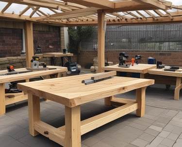 A rustic woodworking shop featuring a wooden workbench cluttered with various hand tools, such as saws, hammers, and chisels. The stone wall in the background provides an aged, historical feel. Wooden sticks and a woven bamboo panel provide a makeshift barricade at the forefront.