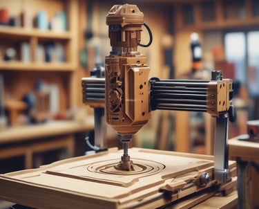 A woodworking machine is partially visible, with a large wooden beam being processed. The machine's metal components are visible, with sawdust scattered around. The setting appears to be a workshop with other wooden pieces in the background.