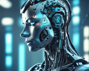 Perfil lateral de uma robô feminina futurista prateada com olhos azuis brilhantes e componentes mecâ