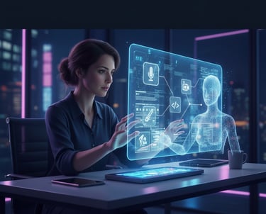  Uma mulher sentada em uma mesa com um laptop e um tablet.