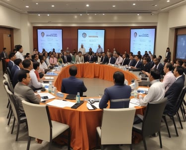 A group of people is gathered in a well-lit conference room, dressed in formal and semi-formal attire. One woman is wearing a headscarf and a uniform with an official insignia. They appear to be engaging in a conversation, surrounded by tables and chairs with other attendees in the background.