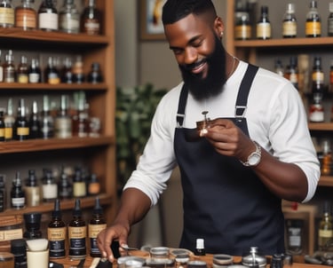 An assortment of handcrafted soaps and bath products arranged on a table. The display includes a cupcake-shaped soap, various small soaps shaped like animals and objects, and bath products in bottles and containers. A decorative setup with a mix of colors and textures is visible, highlighted by a large pink flower and packaging materials.