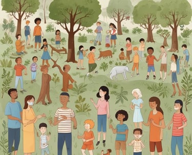 a group of people standing in a field with trees