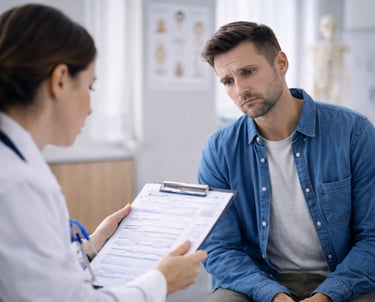 A worried man sitting in a doctor’s office while receiving medical results from a doctor, showing concern and stress.