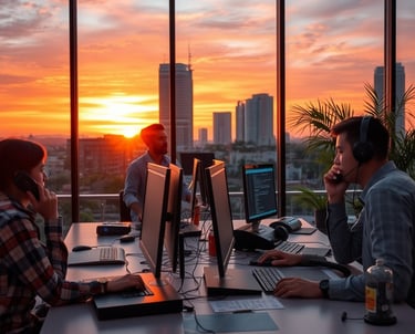 a man and woman sitting at a desk with a sunset in the background
