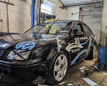a car with a blue and white paint job on it