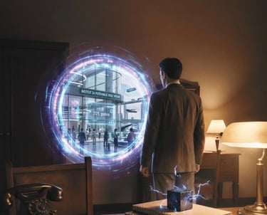 Nova escape room soba Teslin kod u Exploroom Niš – čovek ispred portala za putovanje kroz vreme i Tesline energetske kocke.