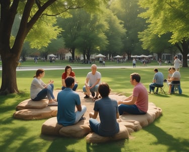 A group of people stand together outdoors, some wearing binoculars around their necks. They appear to be in a park or a natural setting, listening to a person in the foreground who seems to be speaking or guiding them. The background is lush with greenery and the mood is calm and educational.