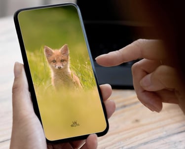 Smartphone en main avec fond d’écran renardeau — format mobile 19×9
