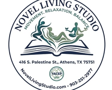 Novel Living Studio logo featuring yoga silhouettes over an open book for movement and relaxation in Athens, TX.