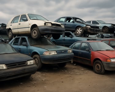 A pile of junk cars parked in a lot waiting to be recycled.