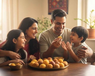 Indian family enjoying homemade laddus together at home, showcasing warmth, tradition, and healthy family bonding with Oh Lad