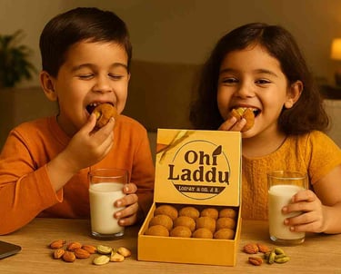 Children enjoying homemade laddus from Oh Laddu with milk, highlighting healthy, family-friendly Indian sweets.