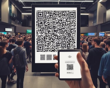 A person holding a smartphone with a QR code displayed.