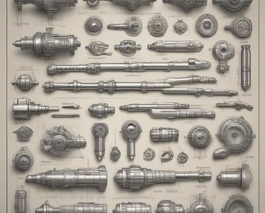 An exhibit featuring an array of ancient tools displayed against a light yellow background. The tools vary in shape and size, arranged in a symmetrical pattern, and appear to be made of dark metal. Each tool is individually mounted, and small numbered labels are placed above them.