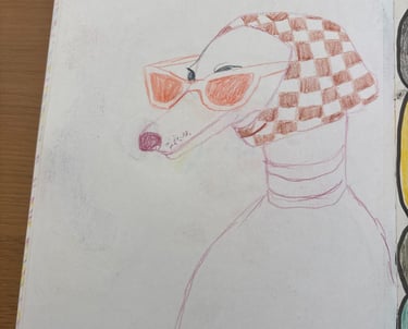 a drawing of a dog wearing sunglasses and a hat