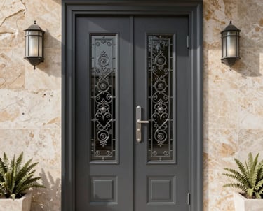 A skilled carpenter repairing a sturdy security door with specialized tools.