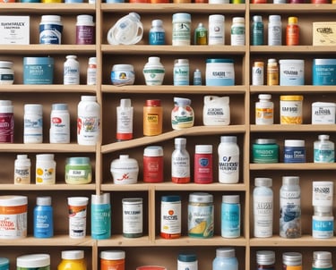 A variety of colorful supplement bottles arranged on a wooden table.