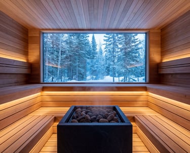 Luxury cedar wood sauna with LED lighting and a large window overlooking a snowy winter forest.