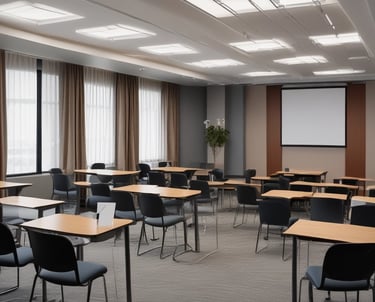 The room is a well-lit conference or training room with several rows of desks, each equipped with computer monitors and ergonomic chairs. A large projector screen is mounted on the beige wall, flanked by two plants. The room is illuminated by a grid of ceiling lights, and a whiteboard stands in the corner.