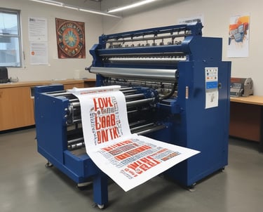 A modern printing press with vibrant blue tones and printed materials on display.