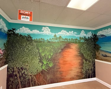 A colorful stunning realistic three wall mural featuring Florida nature, wildlife and sandy beaches by Kathy LaFollett.