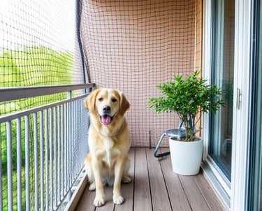 Close-up of a window with tightly secured pet safety netting, a curious cat peeking outside.