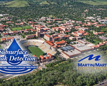 cu boulder sky view with subsurface leak detection logo and martin and martin logo