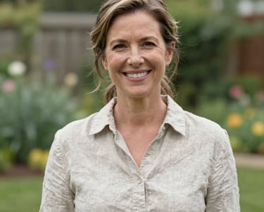 A friendly professional portrait of a woman in her 40s wearing a linen shirt, smiling warmly, set against a blurred background of a Midwestern US garden. Natural, soft lighting.