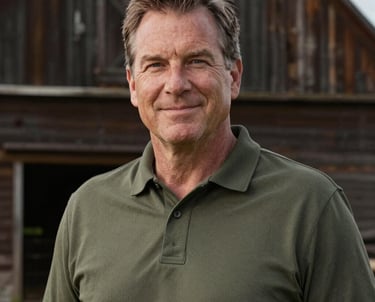 A professional portrait of a middle-aged man with a kind expression, wearing a dark olive polo shirt, standing in front of a rustic wooden barn in a Midwestern US setting.