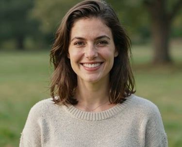 A warm portrait of a woman in her late 20s with a cheerful smile, wearing a casual sweater, set against a background of soft green foliage in a rural Ohio park.