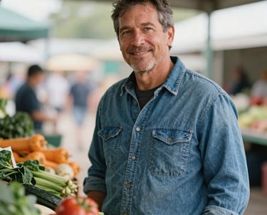A candid portrait of a man in his 50s with a friendly face, wearing a denim work shirt, standing near a market stall with vibrant vegetables in the Midwestern US.