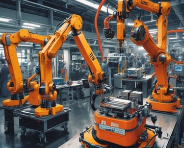 Automated pick and place robot sorting components on a conveyor belt.