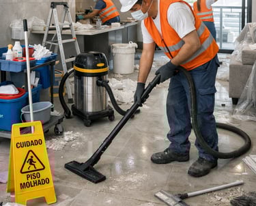 Professional construction cleaners in safety gear vacuuming dust and debris after a home renovation.
