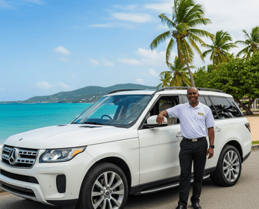 a man standing next to a white suv